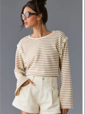 Maeve Cream and Tan Striped Button-Shoulder Long Sleeve Top